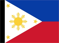 [ai] The national flag of the Philippines features a horizontal bicolored layout with blue on top and red below. A white triangle on the left contains a sun with eight rays and three stars positioned near the triangle's corners.